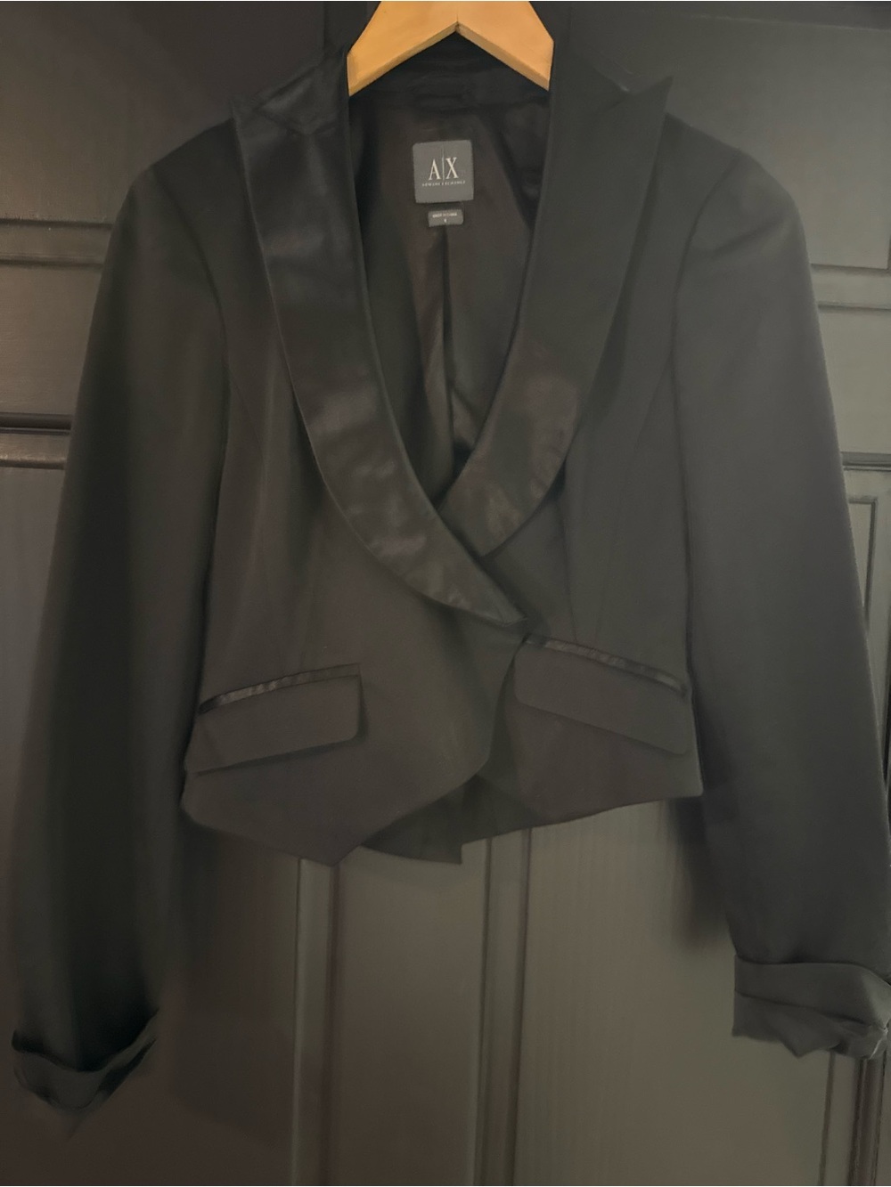 Armani Exchange Black Satin-Trim Cropped Blazer